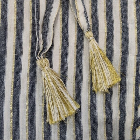 Zara White Blue Striped Button Down Tunic Shirt Long Sleeve Metallic Tassels XS - Picture 9 of 12